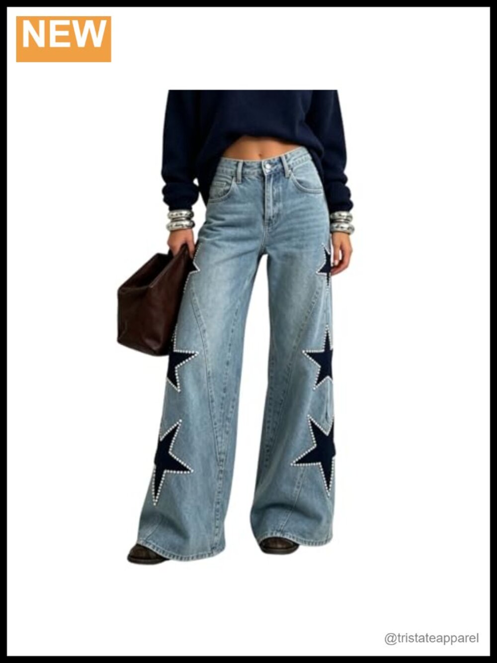 Baggy Cute Pearl Denim Jeans High Waisted Loose Grunge Aesthetic Pants - Picture 3 of 5